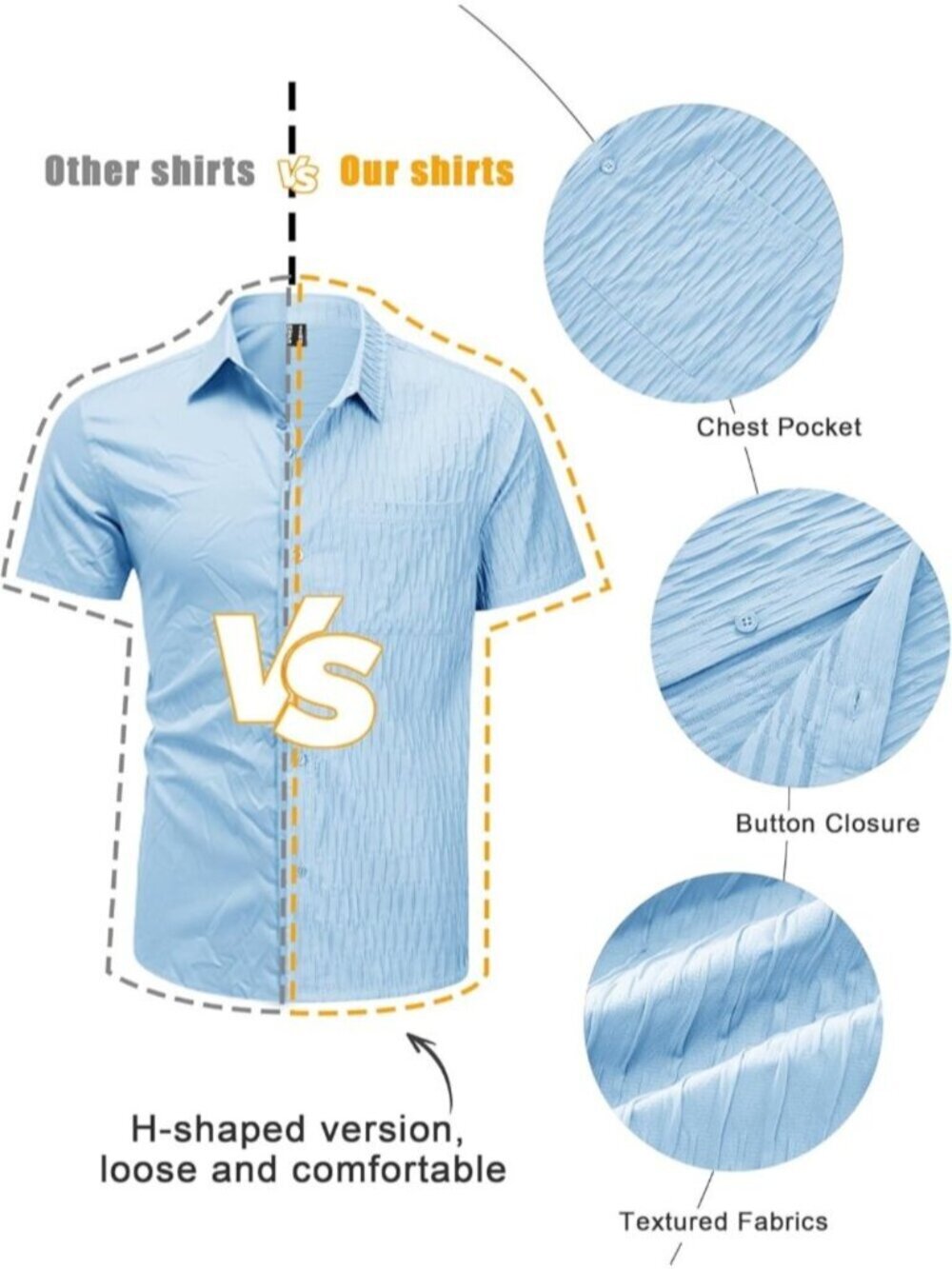 Men's Sky Blue Short Sleeve Casual Textured Polyester Button Down Shirts - Picture 6 of 6
